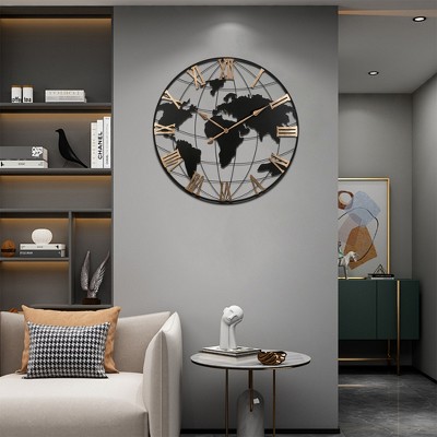 36" Large Black Metal Wall Clock, Modern Silent World Map Wall Clock, with Vintage Numeral, for Home, Bedroom, Living Room, Entryway, Black & Gold