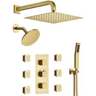 YAWWALK Thermostatic Triple Handles 8-Spray Dual Shower Head Shower Faucet with 6-Jets