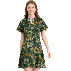 INSPIRE CHIC Women's Floral Pleated Collar Keyhole Front Raglan Sleeve Casual A-Line Dress - 1 of 4