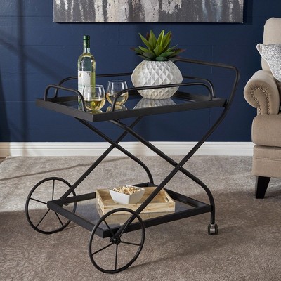 Mobile Bar Cart, Home Serving Cart With Wheels, Bar Cart With 2 Tempered Glass Shelves, Handle, Metal Frame Kitchen Cart