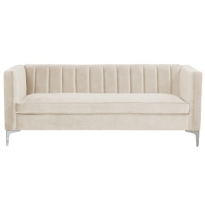 Beige Velvet Tufted Track Arm Sofa with Chrome Legs