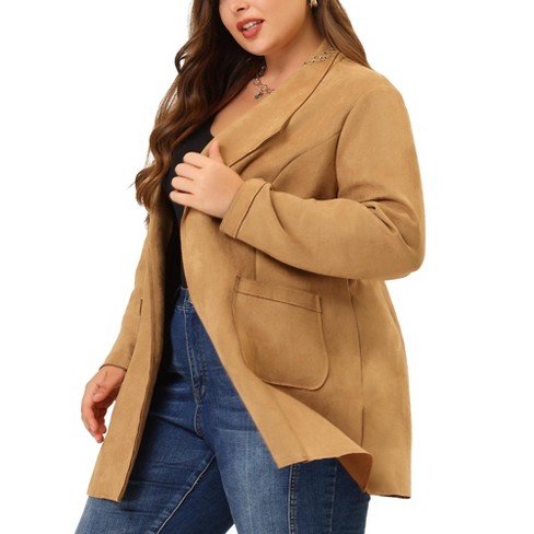 Agnes Orinda Women's Plus Long Sleeve Lapel Collar Suede Open Front Jackets Khaki 1x : Target