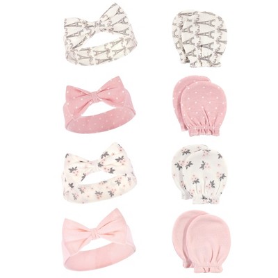 Hudson Baby Infant Girl Cotton Headband and Scratch Mitten Set, Paris, 0-6 Months