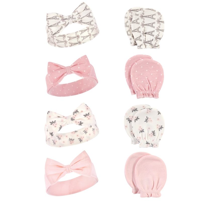 Hudson Baby Infant Girl Cotton Headband and Scratch Mitten Set, Paris, 0-6 Months, 1 of 4
