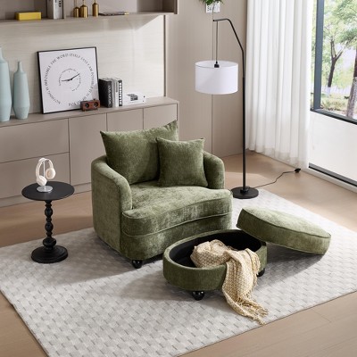 Chenille Accent Chair with Storage Ottoman, Upholstered Armchair Reaging Chair Barrel Chair - ModernLuxe