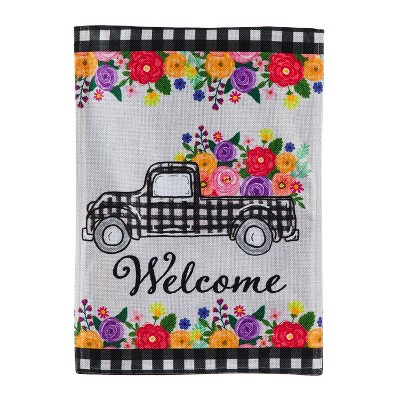 Plaid Truck Floral Garden Burlap Flag