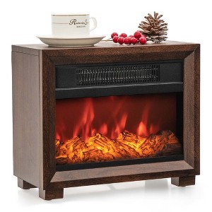 Costway Mini Desktop Electric Fireplace Heater Portable Wooden Fireplace with Vivid Flame Brown - 1 of 4