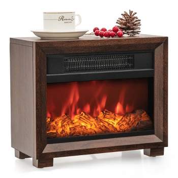 Costway Mini Desktop Electric Fireplace Heater Portable Wooden Fireplace with Vivid Flame Brown