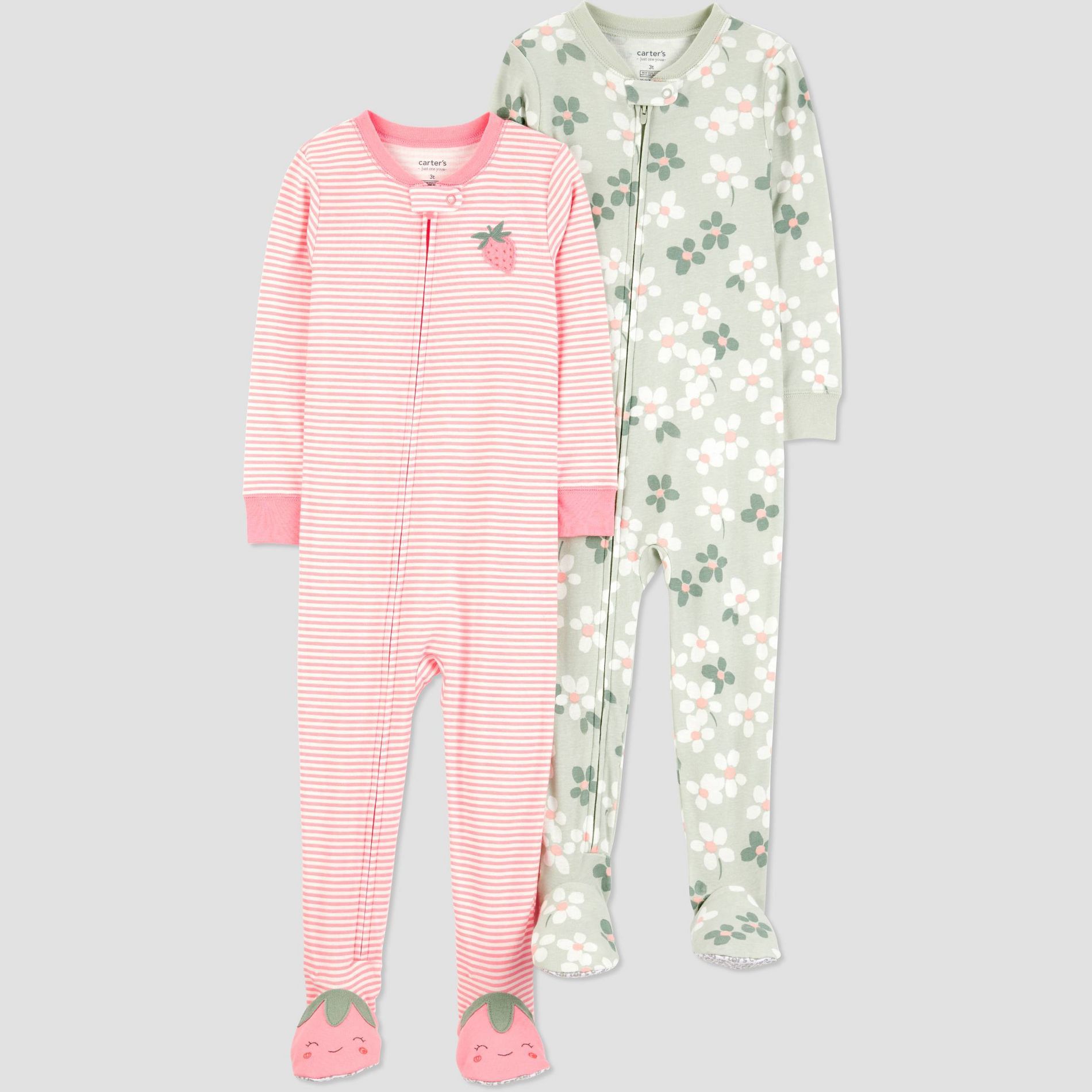 Carter's Just One You® Toddler Girls' 2pk Cotton Floral and Strawberry Striped Pajama Set - Pink/Green
