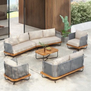 Christopher Knight Home Foisy 6 Piece Outdoor Rope Woven and Iron Chat Set with Acacia Wood Base and Water-Resistant Cushions - 1 of 4
