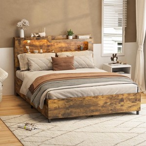 Lift Up Storage Platform Bed Frame, 2-Tier Wooden Headboard - 1 of 4