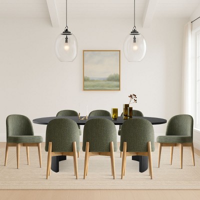 9-Piece Oval Dining Table Set, Modern Wood Table in Black or Oak with 8 Upholstered Dining Chairs, Perfect for Kitchen & Dining Room- Maison Boucle