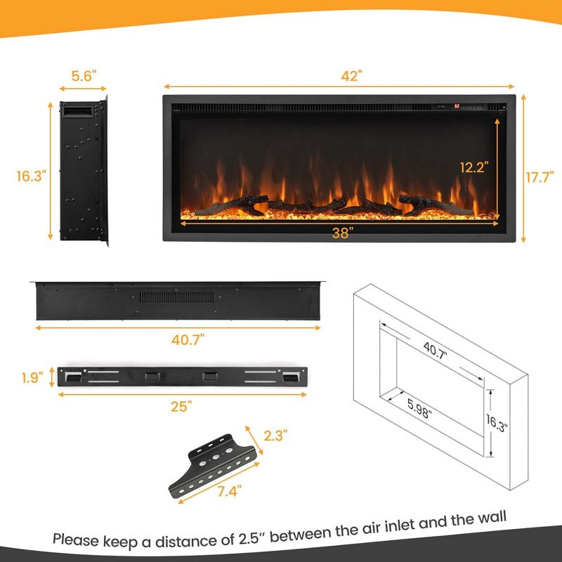 Costway 50'' Electric Fireplace Recessed Wall Mounted Freestanding with Remote Control, 4 of 11