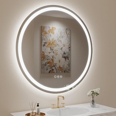 LOVESPEJO Round Front and Backlit LED Wall Mounted Bathroom Mirror with Lights, Anti-Fog, Stepless Dimmable 3 Color LED Waterproof