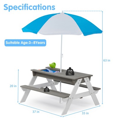 Vynxaria 3-in-1 Kids Outdoor Wooden Picnic Table with Umbrella ¨C Sand & Water Play Fun