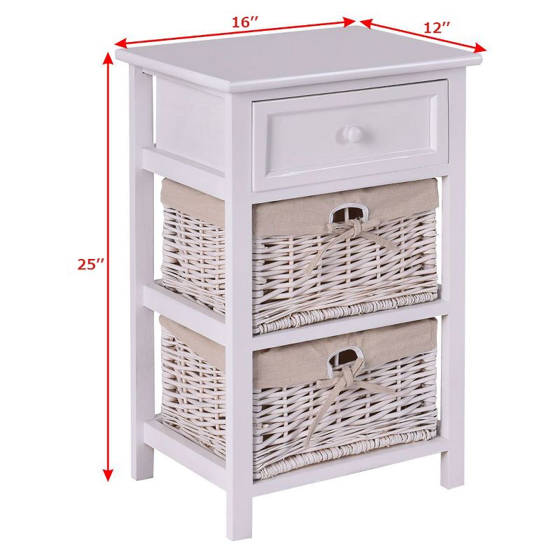 Costway White Night Stand 3 Tiers 1 Drawer Bedside End Table Organizer Wood W/2 Baskets, 2 of 11