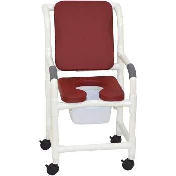 MJM International Corporation Shower chair 18 in internal width 3 in Brown front seat cushion padded back 10 qt slide out commode pail 300 lbs wt