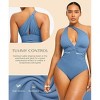 SHAPELLX Women's One Piece Swimsuit Tummy Control Ruched Full Coverage Bathing Suit V Neck Slimming Swimwear—Blue 38 - 2 of 3