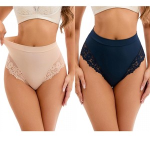 INSPIRE CHIC 2 Pcs Women's Lace Trim High-Waisted Briefs Tummy Control Underpants - 1 of 4