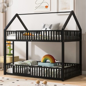 Twin Over Twin Metal House Bunk Bed with Fence and Door - 1 of 4