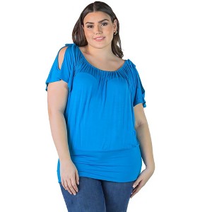 24seven Comfort Apparel Womens Plus Size Solid Color Short Sleeve Split Shoulder Top - 1 of 4