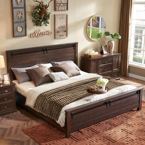 SinCiDo Farmhouse Queen Size Bed Frame with 47" Headboard, Sliding Barn Door Footboard, Wood Slat Platform Bed, No Box Spring Needed - 1 of 4