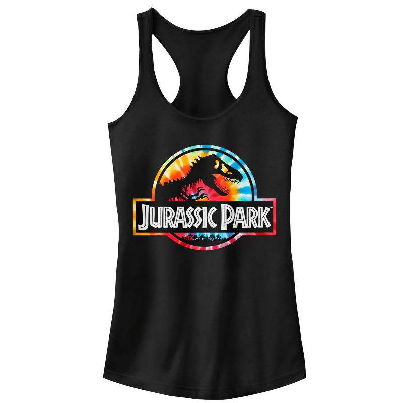 Juniors Womens Jurassic Park Groovy Tie-Dye Logo Racerback Tank Top, 1 of 5