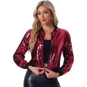 INSPIRE CHIC Women's Party Sequin Sparkle Long Sleeve Cropped Length Zipper Bomber Jacket - 1 of 4