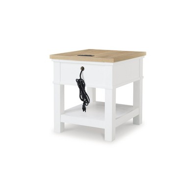 White and Light Brown Oak Veneer End Table with Storage Drawer