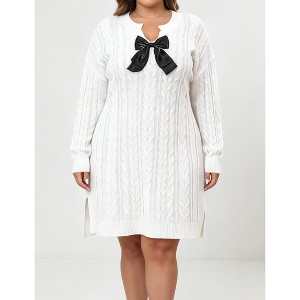 Plus Size Women Cable Knit Sweater Dress Long Sleeve Bow Decor Notched Neck Slit Hem Midi Dress, White, XL : Target