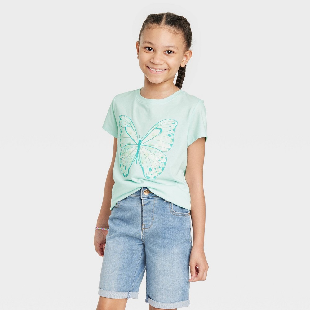 Girls' Butterfly Short Sleeve Graphic T-Shirt - Cat & Jack Light Turquoise Green L Plus