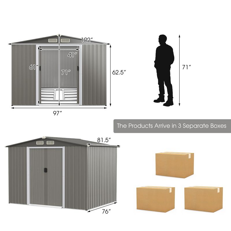 Costway 8'x6' Outdoor Storage Shed Galvanized Steel Tool House Organizer for Garden Yard, 3 of 11