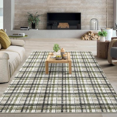 Modern Runner Rug Non-Slip Washable, Low Pile Tartan Plaid Carpet for Kitchen Laundry Bathroom, Stain Resistant Floor Mat for Kids Room