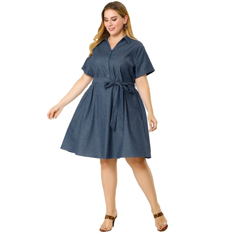 Agnes Orinda Women's Plus Size Relaxed Fit Buttons Belted Short Sleeves Chambray Shirtdress, 3 of 7