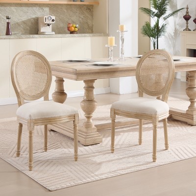 French Country Dining Chair Set of 2 with Round Rattan Back,Linen Upholstery & Carved Wood Legs for Living Room-Baofuwish