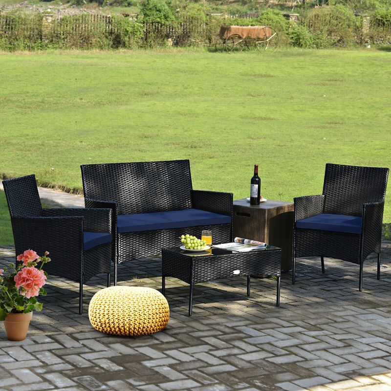 Tangkula 4PCS Outdoor Furniture Set Patio Rattan Conversation Set w/ Navy & Off White Cushion, 2 of 6