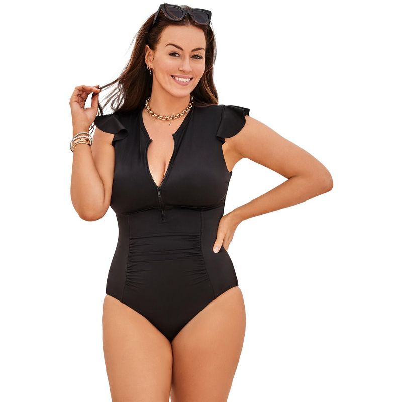 Swimsuits for All Women's Plus Size High Neck Zipper Cap Sleeve One Piece Swimsuit, 1 of 2