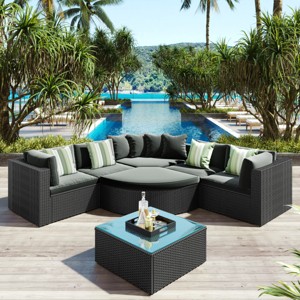 7-Piece Wicker Patio Conversation Set, All-Weather Rattan Sofa with Coffee Table, Thick Cushions, Colorful Pillows – Maison Boucle - 1 of 4