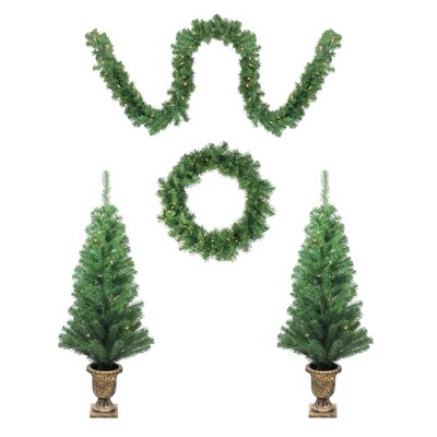 Northlight Prelit Artificial Christmas Trees, Wreath and Garland Set Winter Spruce 5pc - Clear Lights