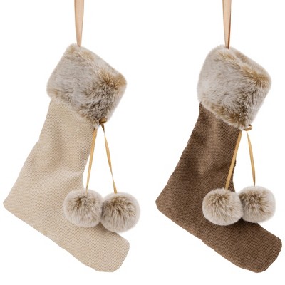 Beige and Brown Faux Fur Stocking Ornaments Set of 2