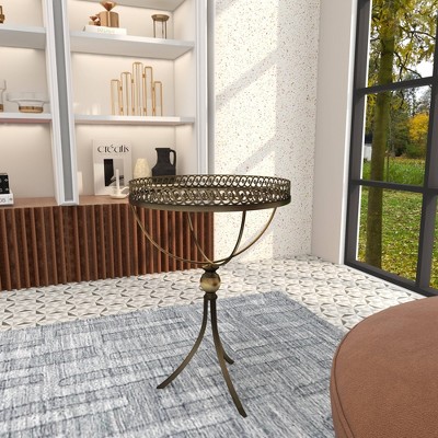 Gold Brass Round Metal and Glass Accent Table