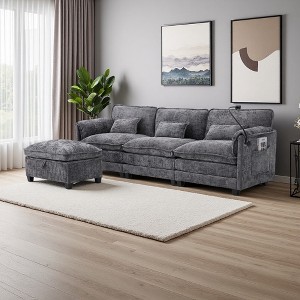 112" Chenille L-Shaped Sectional Sofa with Storage Ottoman & USB Ports - 1 of 4