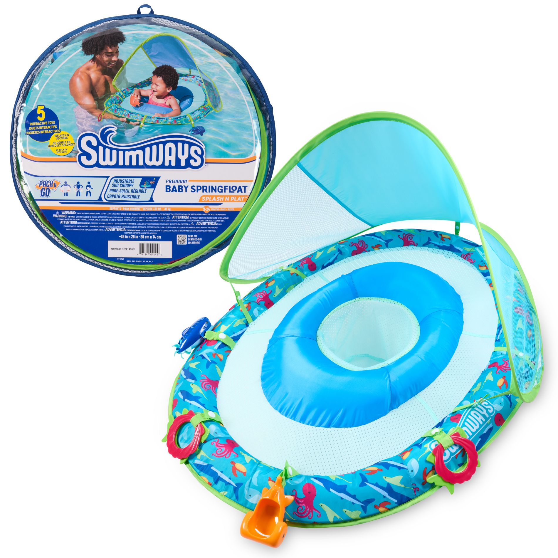 Swimways Sun Canopy Spring Float with Hyper-Flate Valve - Splash N Play: Infant Pool Lounger