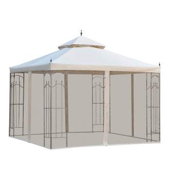 Outsunny 118" x 118" Steel Outdoor Patio Gazebo Canopy with Removable Mesh Curtains, Display Shelves, & Steel Frame, Cream White