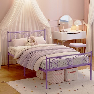 Homhougo Twin Size Metal Bed Frame for Kids, Twin Bed Frames for Girls, with Headboard & Footboard, Steel Slats Support, No Box Spring Needed, Purple