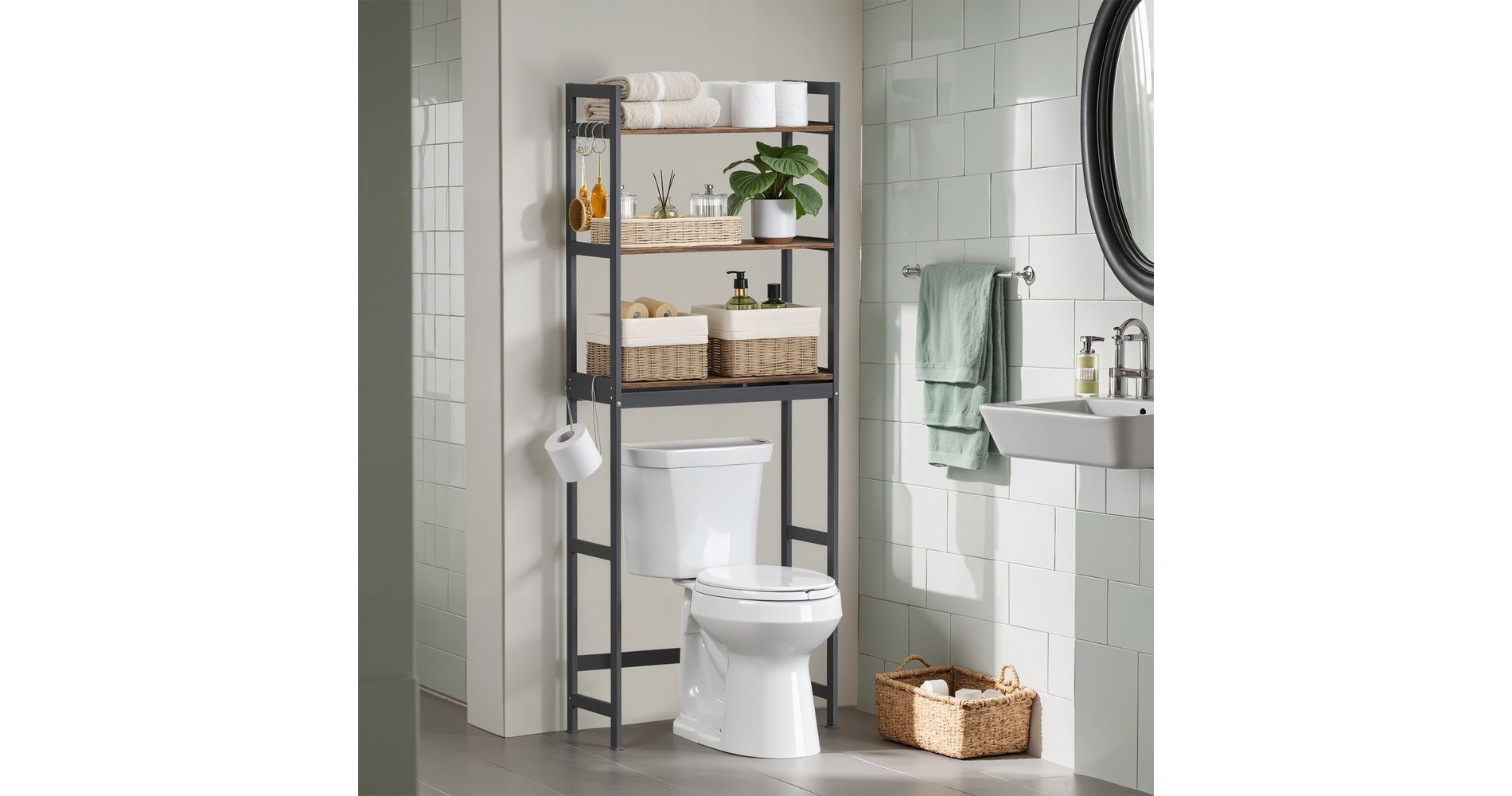 LEDREM Over-The-Toilet Storage, 3-Tier Bathroom Organizer Over Toilet with Adjustable Shelves, Hooks, Bamboo, Rustic Brown and Black