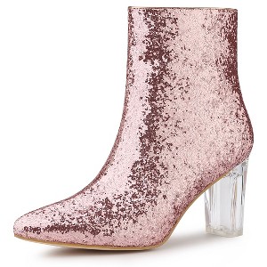 Allegra K Women's Zip Closure Pointed Toe Clear Block Heel Glitter Ankle Booties - 1 of 4