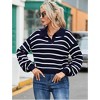 Women Striped/Soild Polo V Neck Sweater Long Puff Batwing Sleeve Knitwear Pullover Sweater Jumper Tops - 4 of 4