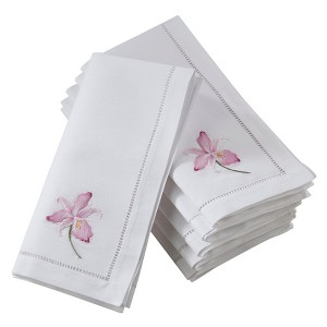 Saro Lifestyle Embr'd Fuchsia Orchid Hemstitch Napkin, 20" Square, White (Set of 6) - 1 of 3
