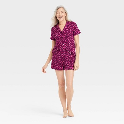Women's Animal Print Beautifully Soft Short Sleeve Notch Collar Top and Shorts Pajama Set - Stars Above™ Pink M